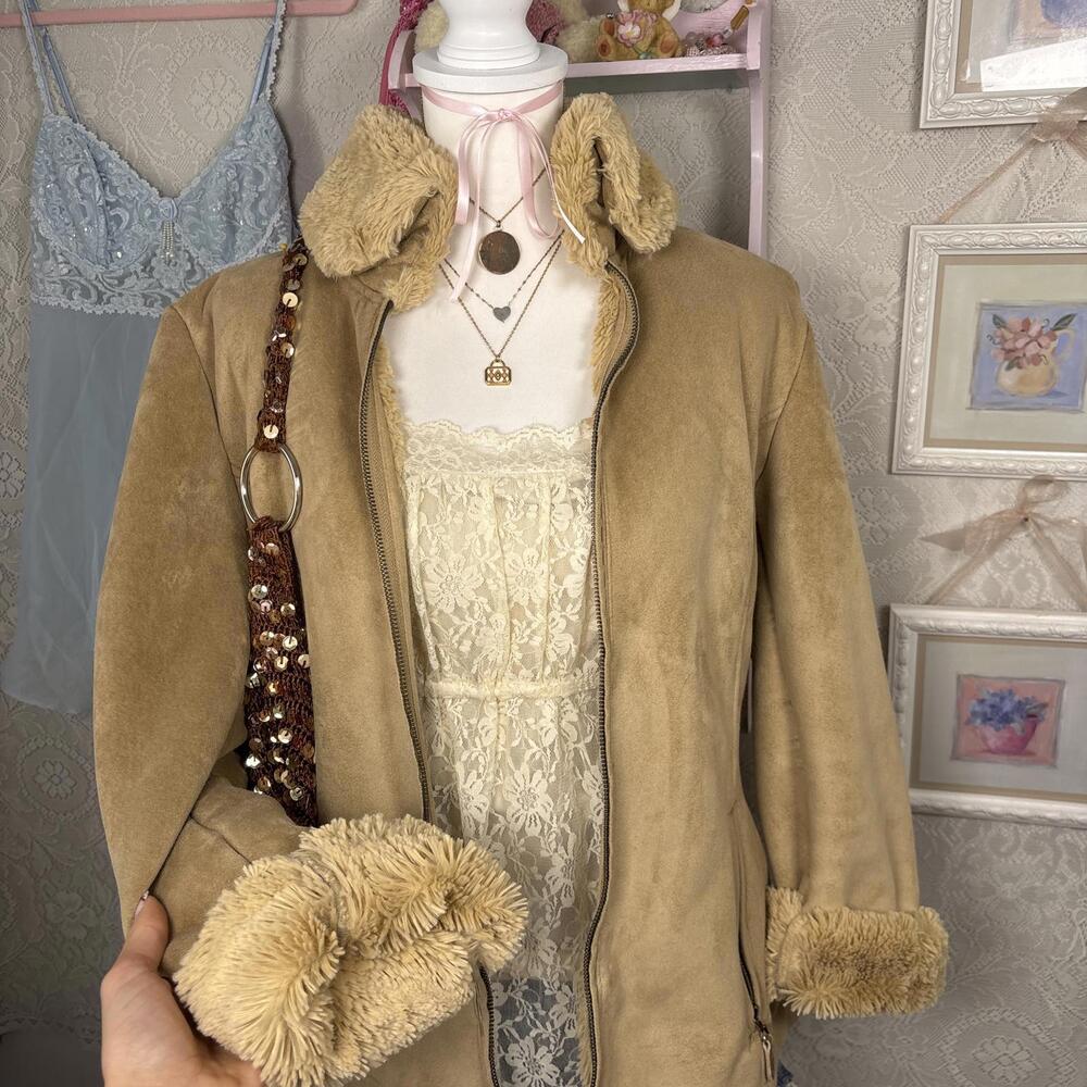 vintage fur trim‎ suede jacket zip up - Picture 2 of 8